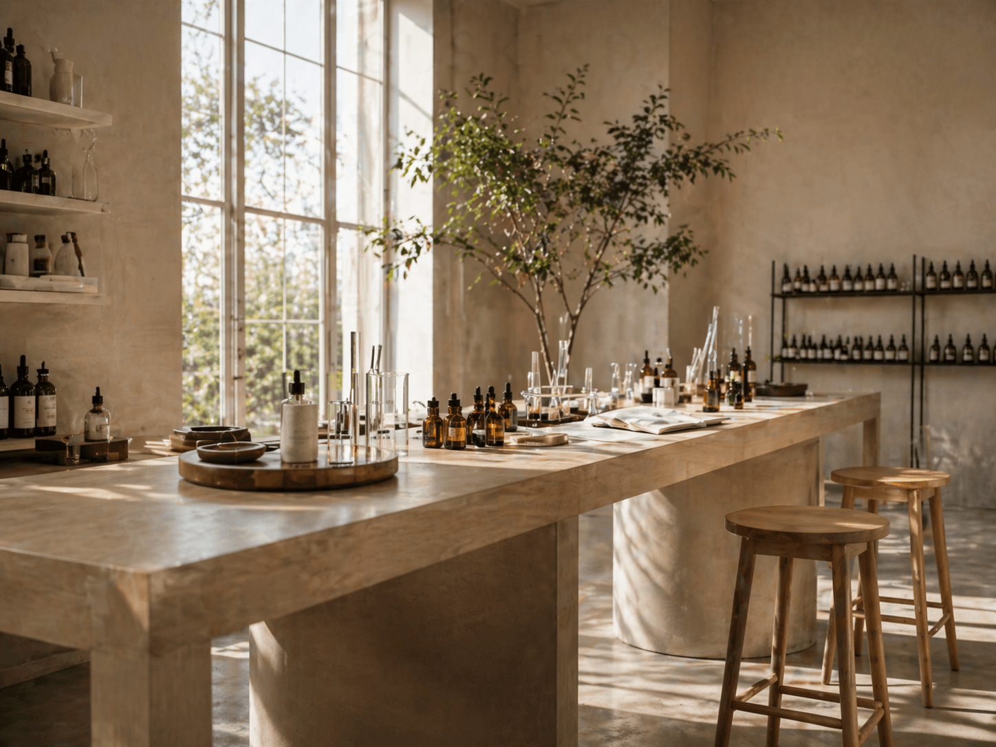 Das SŪSKIND Atelier in Düsseldorf — Arbeitstisch mit Essenzen im Tageslicht