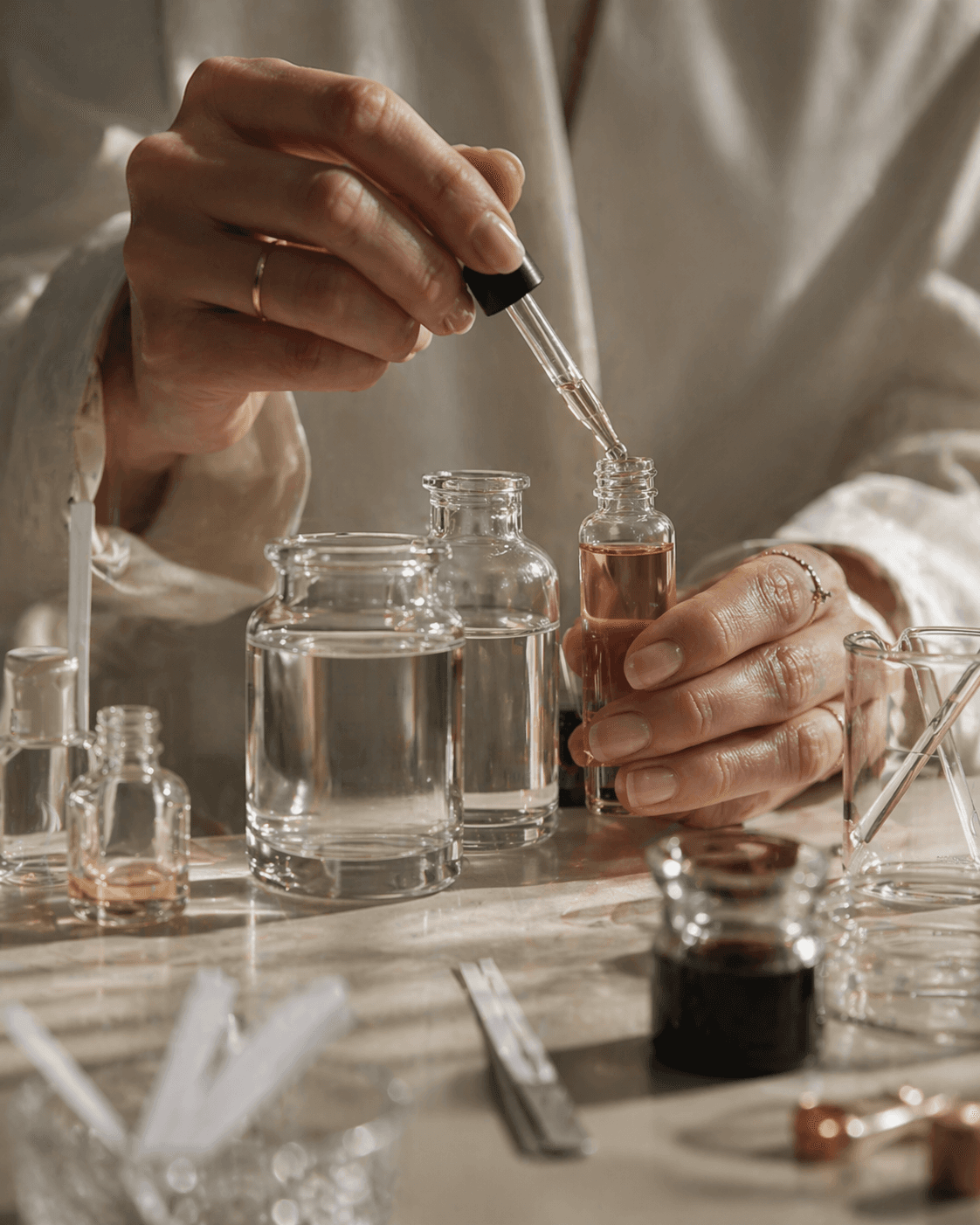 Hände beim Abfüllen einer Essenz mit der Pipette